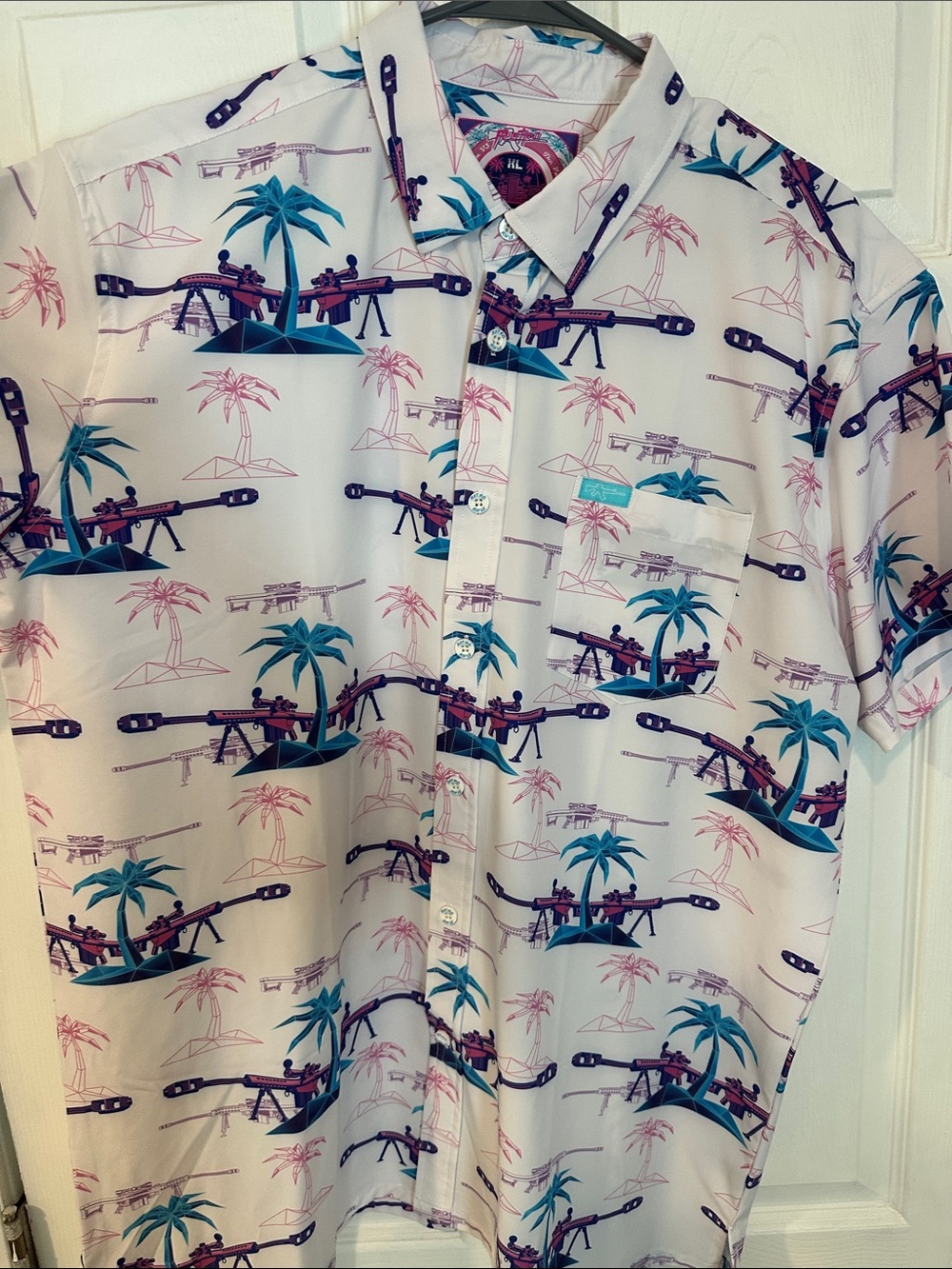 Casual Short-Sleeve Button-Down Shirt in White with Teal & Pink Palm Print